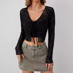 European And American Elegant Women's Transparent Mesh Flocking Front Lace-up Top