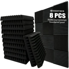 8 pcs Black High-Density Wedge-Shaped Acoustic Foam Panels – 11.81 x 11.81 x 0.98 in, 66.14 lb/ft³