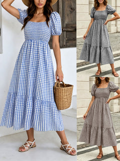Retro Puff Sleeve Vichy Check Tiered Midi Dress