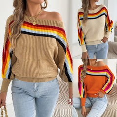 Rainbow Striped Offshoulder Sweater with a Boat Neckline