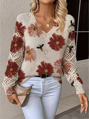 Elegant Bohemian Floral V-neck Long Sleeve Fashion Printed Sweater
