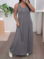 Summer Maxi Dress for Women, U Neck Loose Casual Long Dress with Pockets