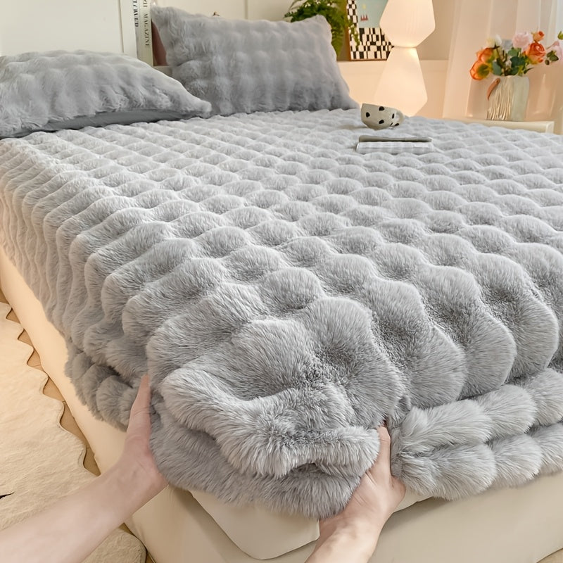 Rabbit Fur Like Plush Fitted Sheet With 11.8" Deep Pocket Thickened Winter