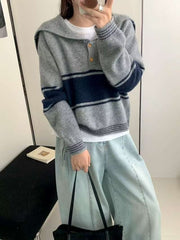 Color-block Striped Nautical-style Oversized Lapel Sweater for Women Autumn and Winter