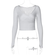Sexy Pleated V‑Neck Bodycon Long‑Sleeve T‑Shirt – Street Style