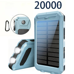 Solar-powered portable phone charger with dual USB ports and LED flashlights
