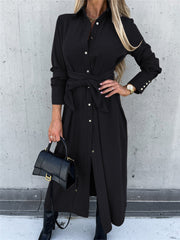 Women's Elegant Lapel Collar Long Sleeve Button Down Belted Shirt Dress, Casual Maxi Dresses with Slit for Office & Daily Wear