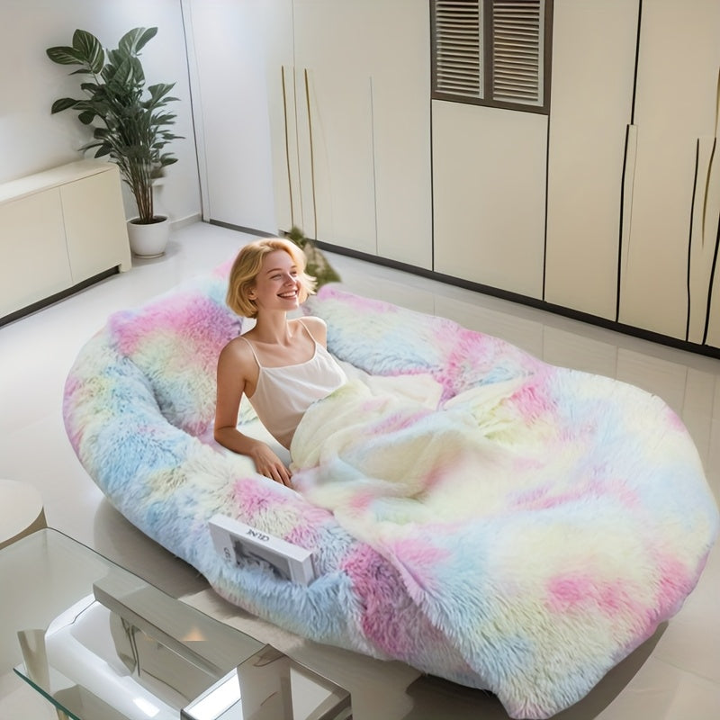 Orthopedic Washable Faux Fur Dog Bed 71"x45"x12" - Oval Plush Pet Bed with Strap, Gray Polyester Mattress for Medium Dogs & Humans to Snuggle, Gift-Ready Nap Companion, Cozy