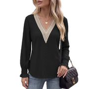 Elegant V‑Neck Lace‑Panel Long‑Sleeve Tee – Loose Fit, Solid Colors