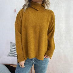 Women's Simple and Irregular Split Turtleneck Solid Color Knitted Pullover