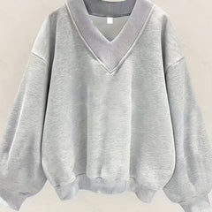 Women’s Cozy V-Neck Pullover Sweatshirt with Lantern Sleeves