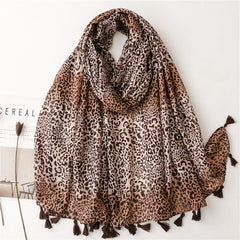 Leopard Print Voile Silk Scarf with Tassel