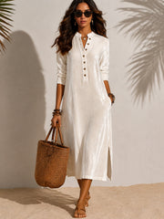 Velvet-button V-neck 34-sleeve Casual Resort Dress for Women