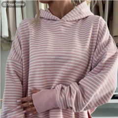Off-Shoulder Striped Loose Hoodie with Thumb Holes