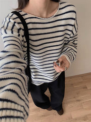 Korean-style Striped Knitted Casual Sweater Top for Women