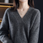 Women's Loose Solid Color and V-neck Pullover Thick Sweater