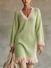 Colorblock V-Neck Tassel Knit Midi Sweater Dress