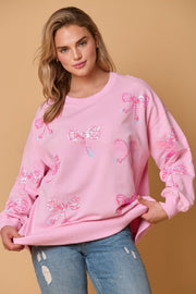 Bow Sequined Top Casual Loose Long Sleeve Sweatershirt Women