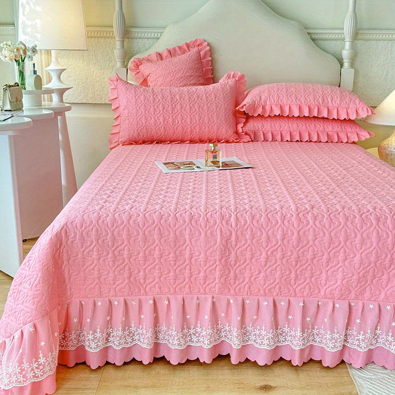 French Princess Bedspread Set Hand Wash Only Fiber Quilting Ruffle Embellishment ㎡