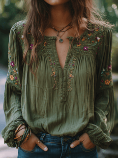 Olive Green Floral Embroidered Cotton Shirt