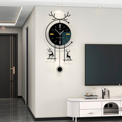 Modern Black Wall Clock with Deer Pendulum