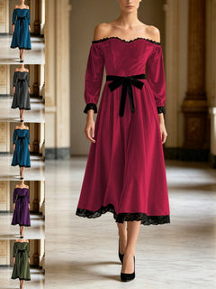 Women's Formal Dress Off the Shoulder Lace Trim Velvet Dress Waist Cinched Midi Banquet Formal Gown