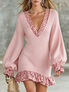 2026 Cross-border European and American Autumn-winter New Leopard Print Deep V-neck Knit Dress with Lantern Sleeves and Ruffled Skirt