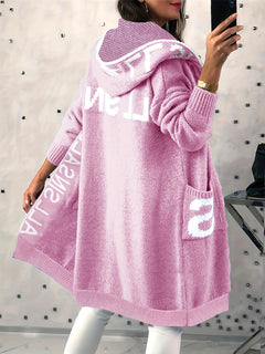 Women Hooded Letter Print Long Knit Cardigan Open Front Oversized Lantern Sleeve Pocket Sweater Coat