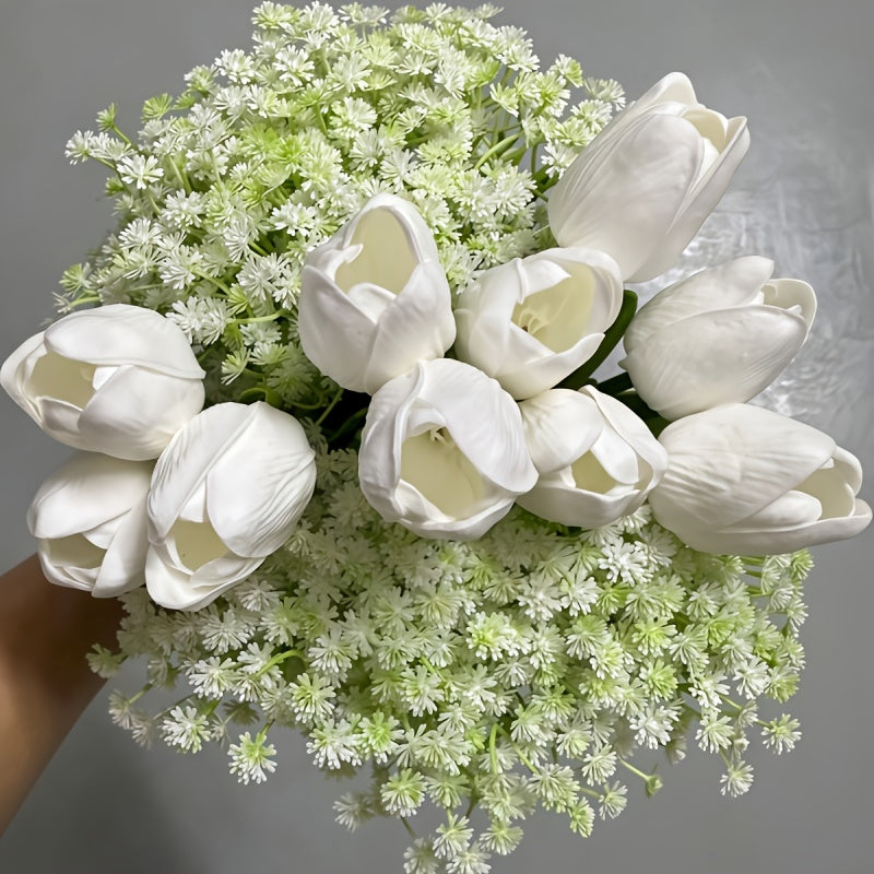Elegant 50pcs White Tulips • Breath Artificial Flower Bouquet • Real Touch PU Plastic Stems • Vibrant White & Green Foliage • No Maintenance Home Office Wedding Party Decor • Valentine's Day…