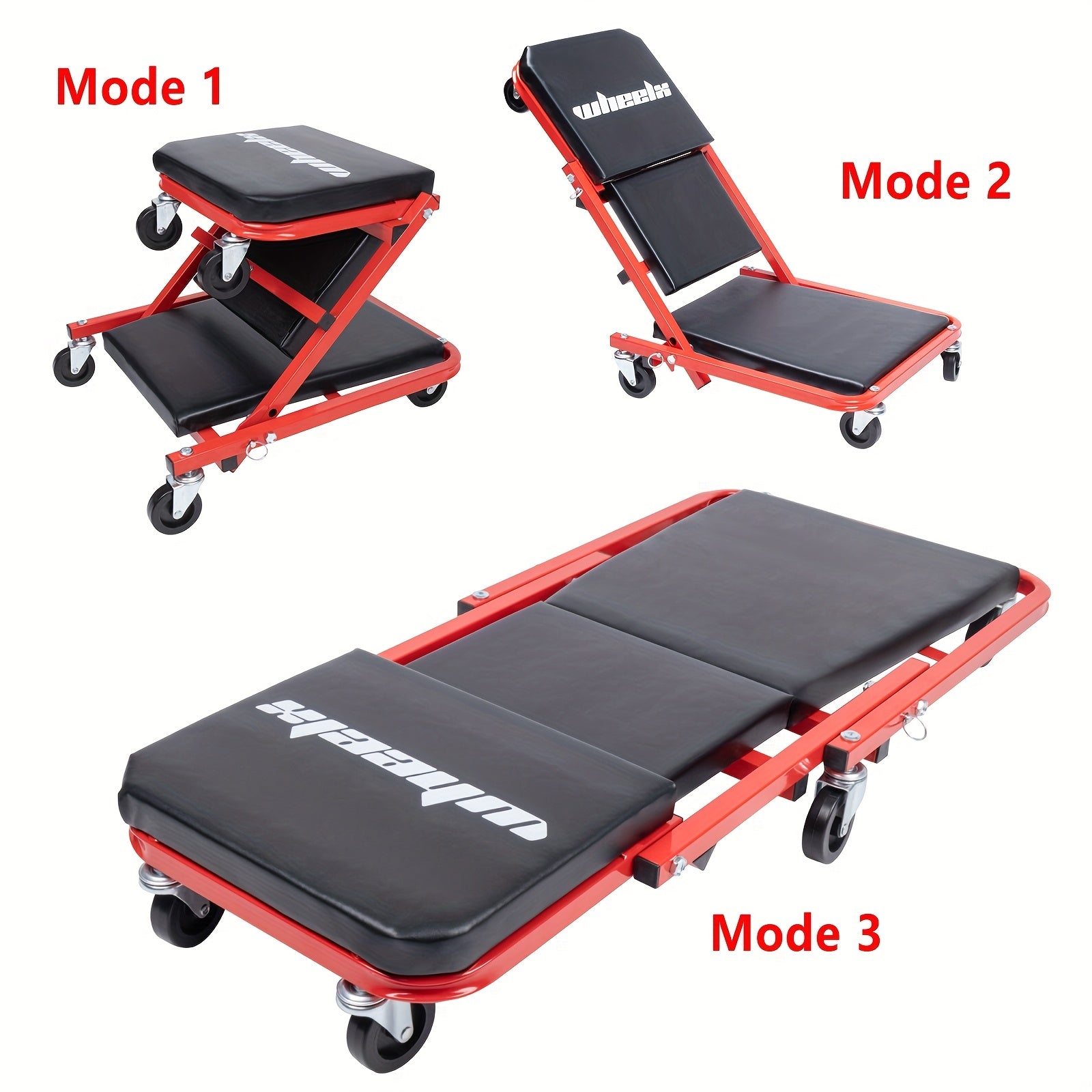 WheelX Mechanic Creeper | 36 Inches | 3-in-1/2-in-1/2-in-1 | 340lbs Capacity | Foldable | With 6pcs Wheels | Under Car Auto Repair | Red Black