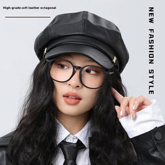 Luxury Octagonal Beret Hat for Women - High-Grade Leather