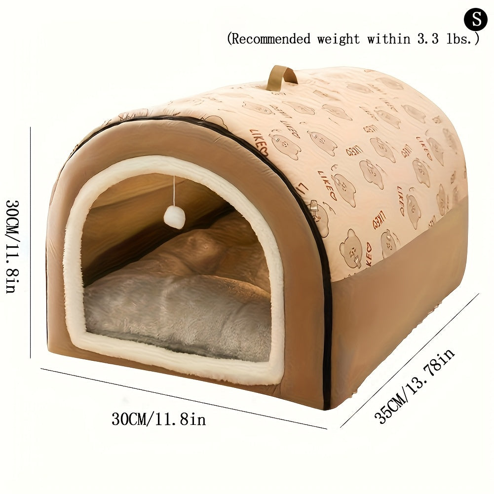 Cozy Pet Tent 2-in-1 Detachable Dog Tent Cave & Pet House - Soft Windproof Washable Fabric with Cute Cartoon Bear Pattern, Light Beige-Friendly Comforter for Medium/Large/Small