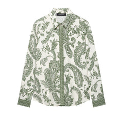 Retro Leaf Print Long Sleeve Shirt for Women