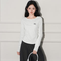 Floral Embroidered Pleated Long Sleeve Tee