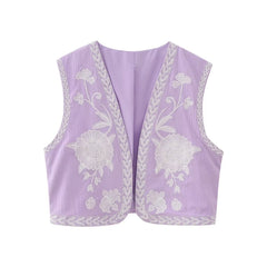 Summer Floral Vest for Women, Multi-Color Embroidered Open-Front