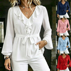 Elegant Ruffled-edge Long-sleeve Blouse for Women