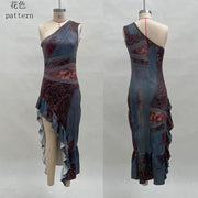 2026 European and American Style Cross-border New Retro Patchwork Print Asymmetrical Long Dress Slim Fit High Slit Dress