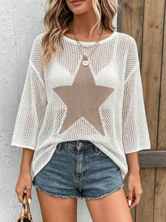 Boho Women Contrast Star Hollow Mesh Knit Top Oversized 3 Quarter Sleeve Bikini Beach Cover Up