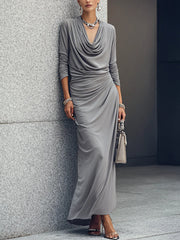 Women's Draped Boat-neck Long-sleeve Dress