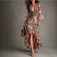 French-style Vintage Leopard-print Flared-sleeve Floral-lace Waist-cinching Asymmetrical Maxi Dress