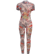 Women's Backless Printed Sheer Mesh Jumpsuit