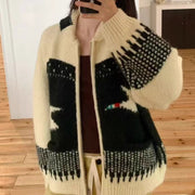 Jacquard Soft and Sticky Long-sleeve Knitted Cardigan Sweater for Women, Slimming