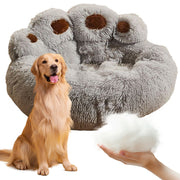 Round calming pet bed in camel faux fur for dogs and cats