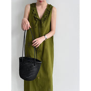 Womens Sleeveless V-neck Dress with Ruffle Trim