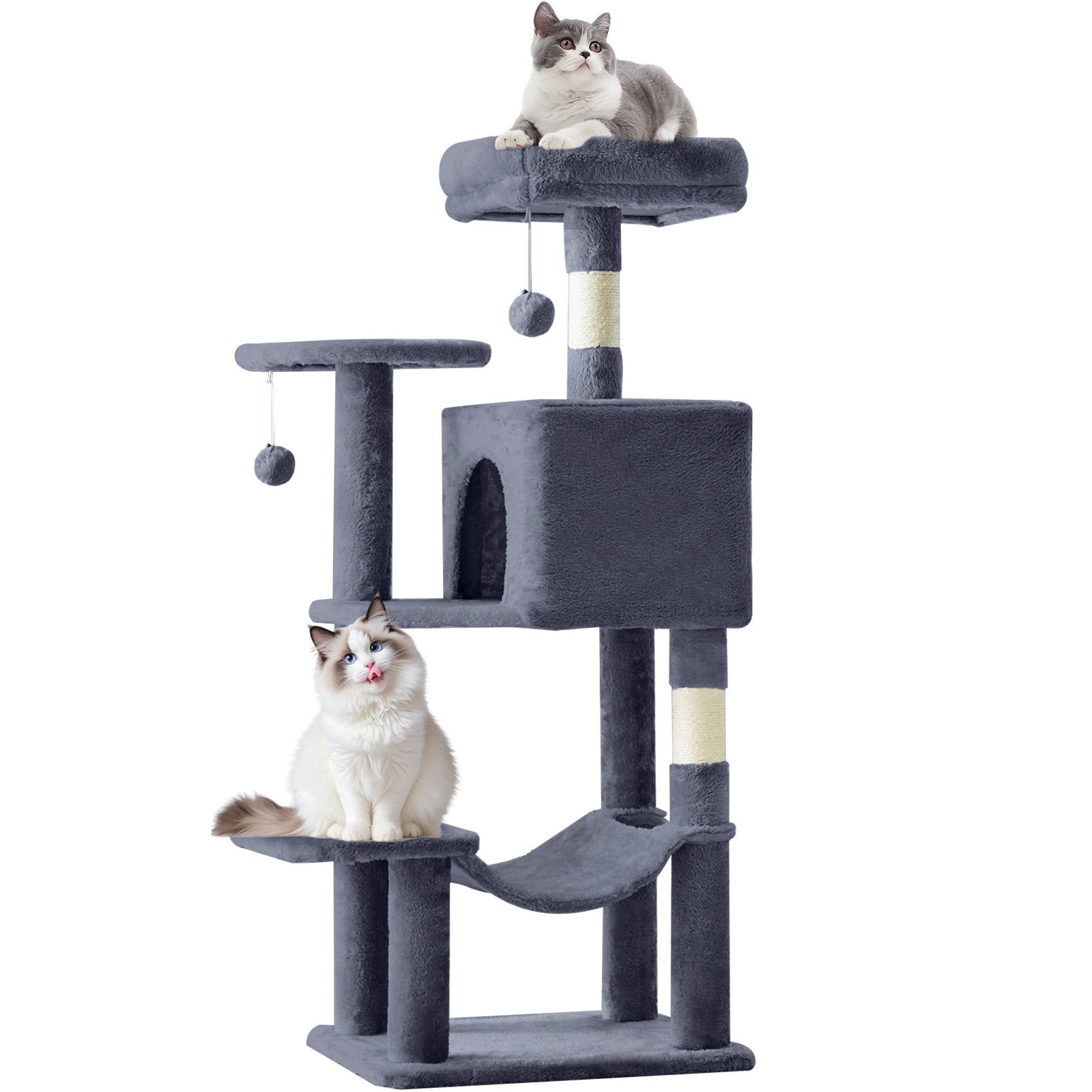 44 Inch Indoor Cat Tower with Scratching Post, Hammock & Cave - Multi-Level Cat Condo with Anti-Tilt Stable Base, Easy Assembly, Durable Polyester Fiber
