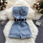 Women's High-Waist Denim Romper Casual Wide-Leg Jumpsuit