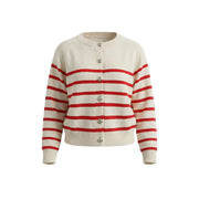 Women's Striped Knit Cardigan Red White Crewneck Button Up Sweater Coat Casual Long Sleeve Knitwear