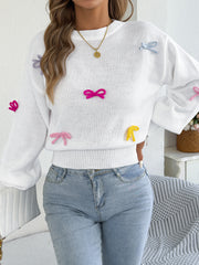Fashionable Colorful Bow-knot Lantern-sleeve Waist-cinching Sweater