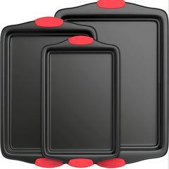 Set of 3 carbon steel non-stick baking pans with red silicone handles