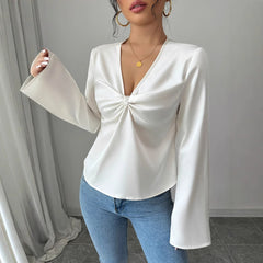 Elegant V-Neck Ruffled Flared Sleeve Blouse for Women